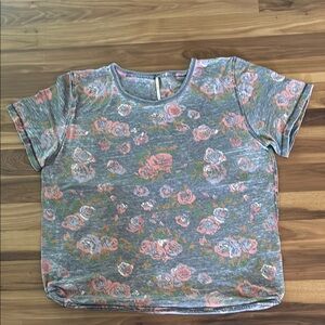 Free People Gray and Pink Floral Short Sleeve Tee